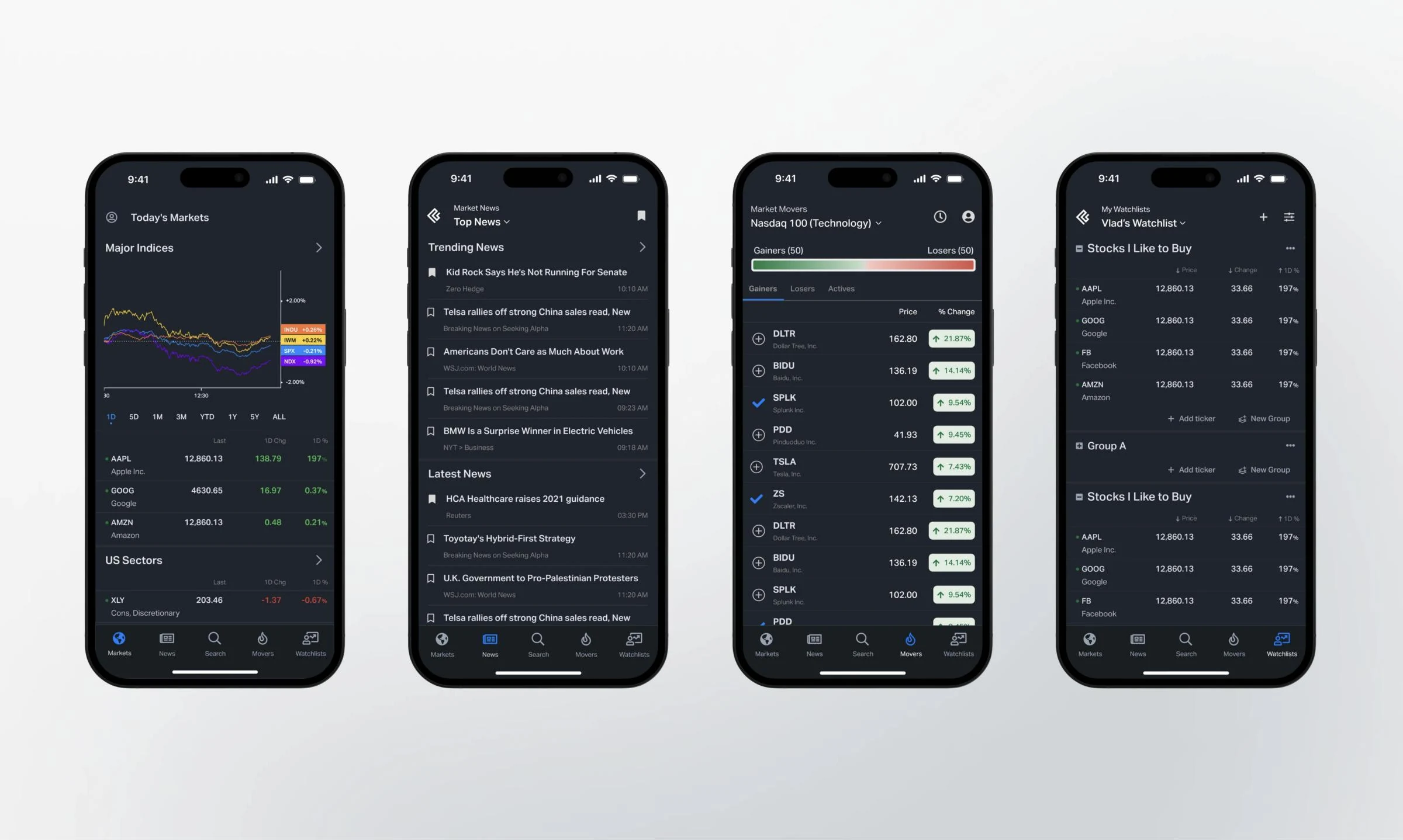 Koyfin mobile app screens: Today’s Markets, Top News, Market Movers and Watchlists