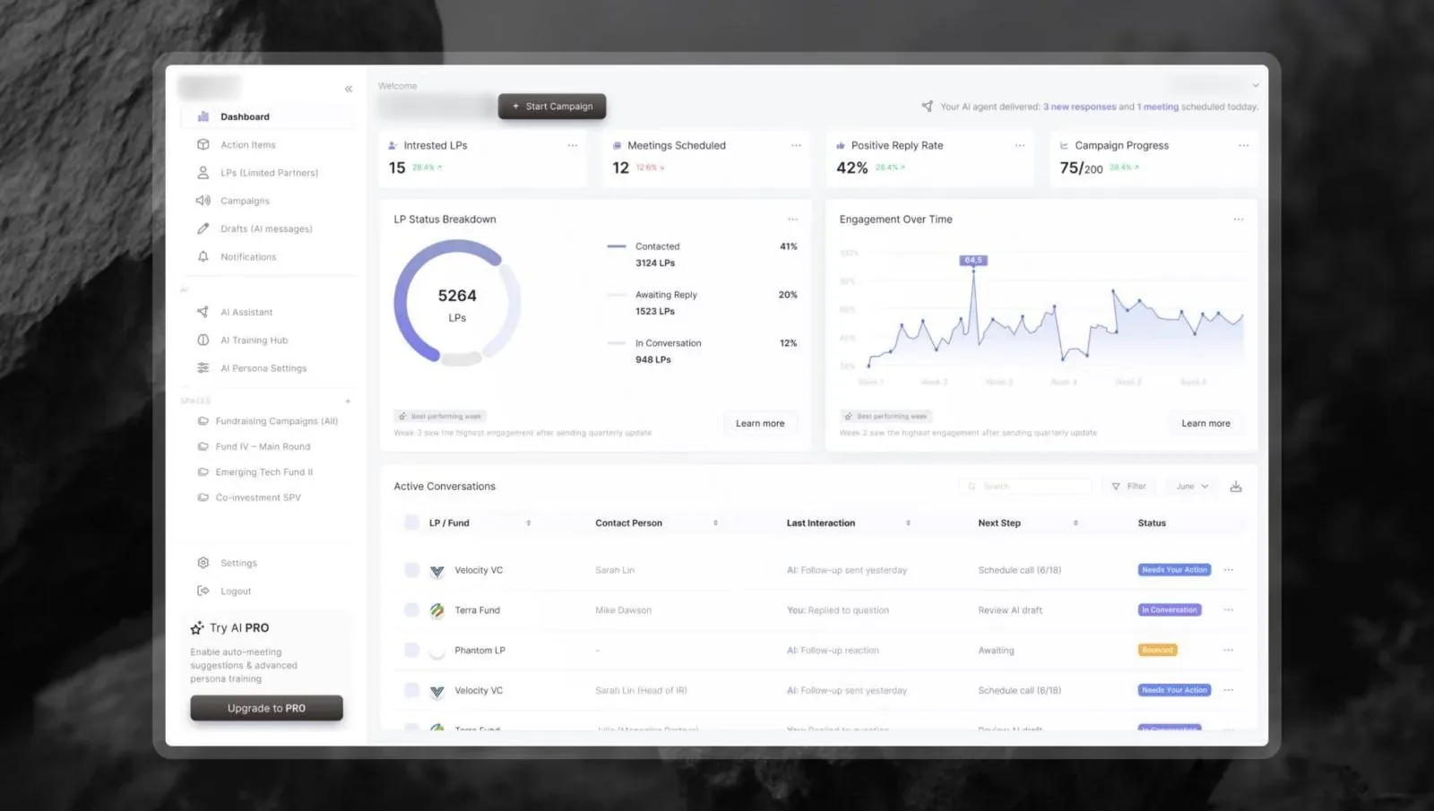 Product for an AI outbound platform designed by DIXI: a dashboard for LP fundraising campaigns
