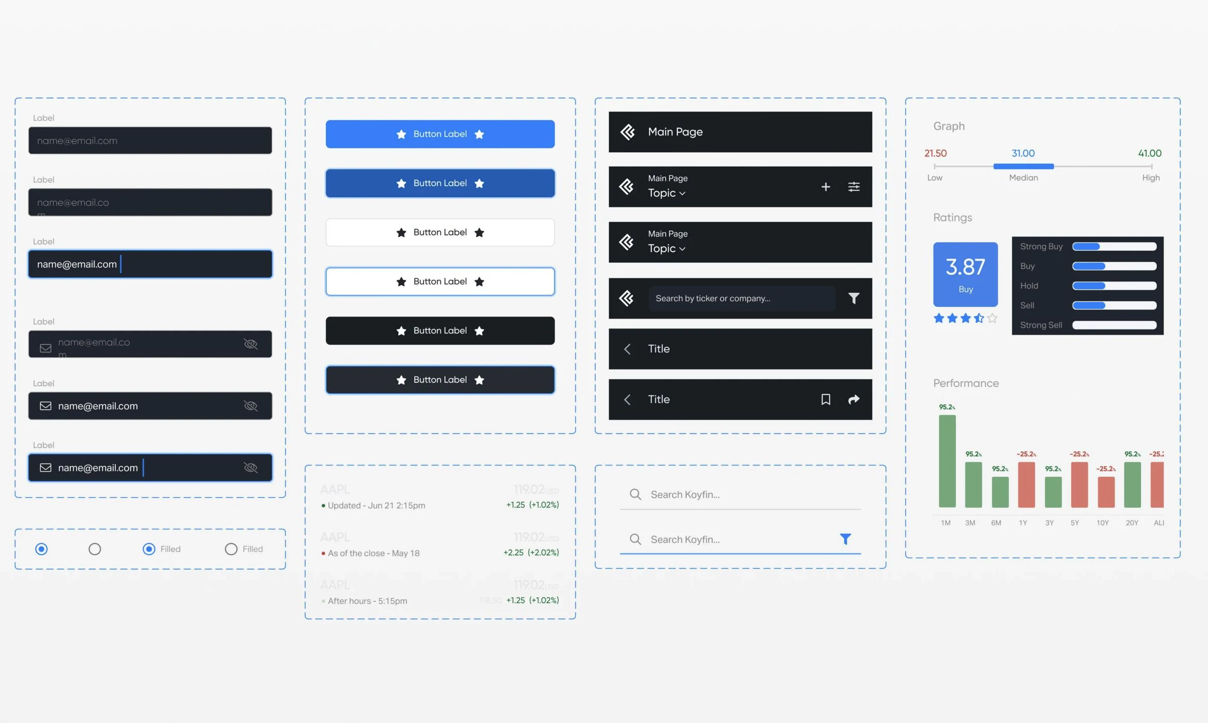 Koyfin design system components: inputs, buttons, navigation, search and data components