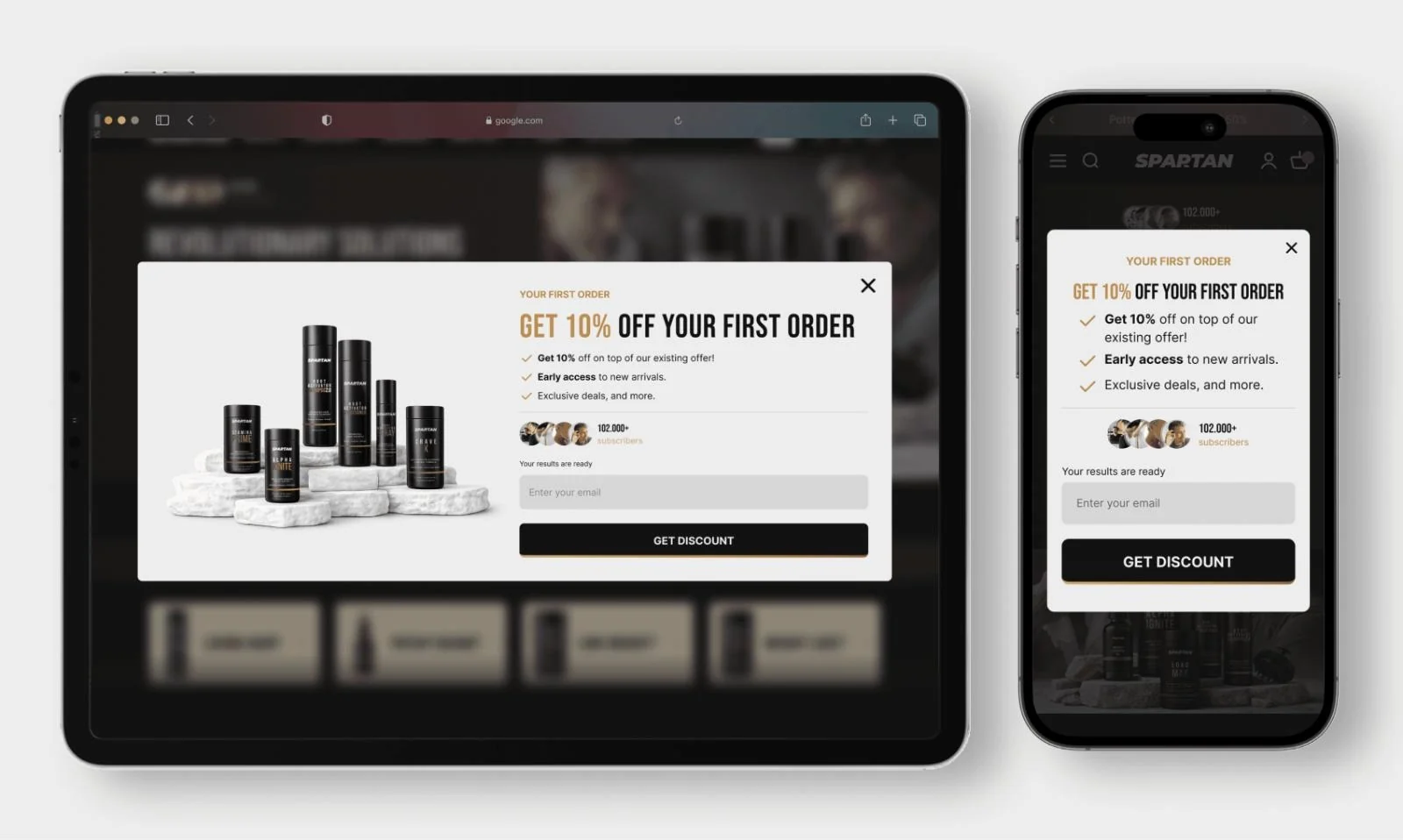 Spartan first-order offer pop-up on tablet and phone