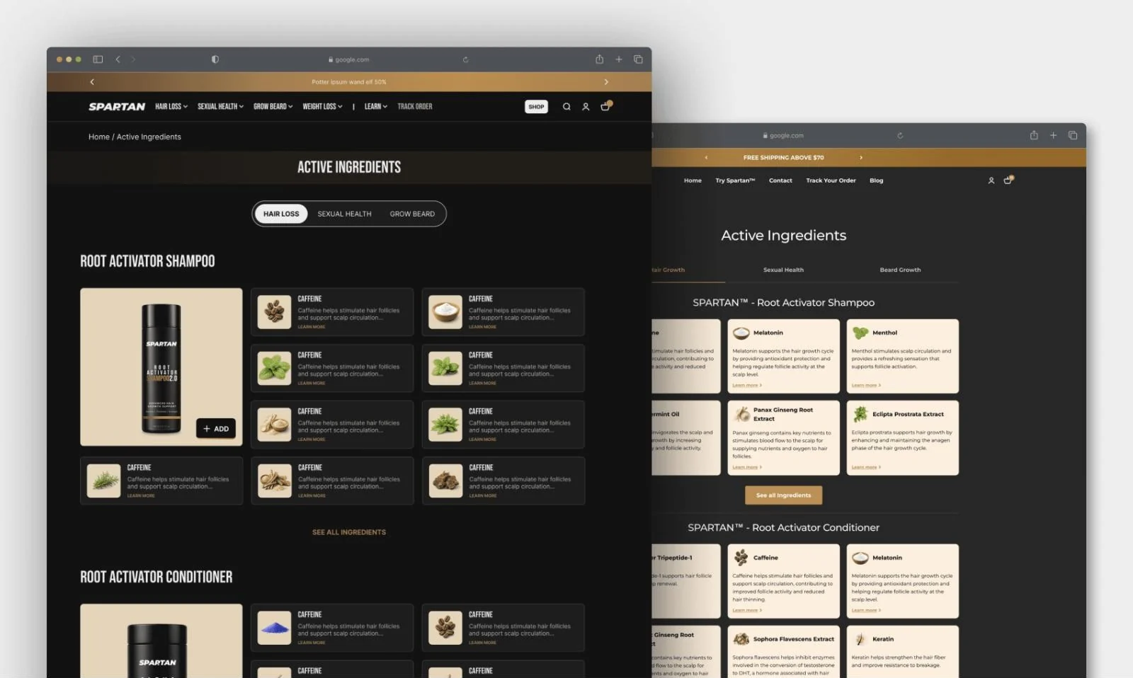 Spartan ingredients page: the new custom Shopify theme in front of the old one